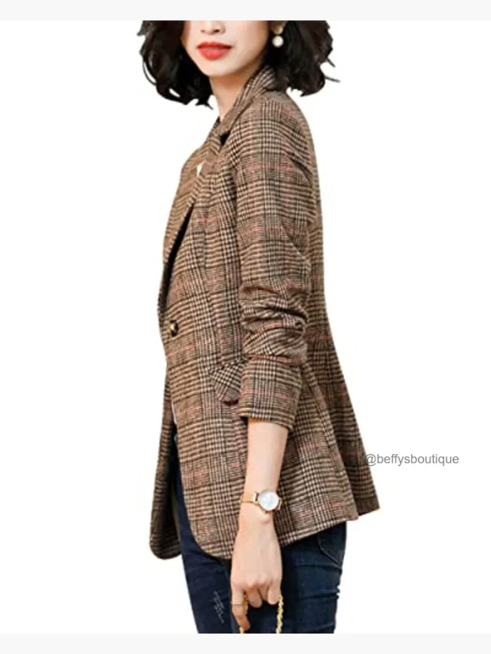 Notch Lapel 2 Button Boyfriend Blazer Suit Houndstooth Plaid Jacket Coat - Picture 4 of 6
